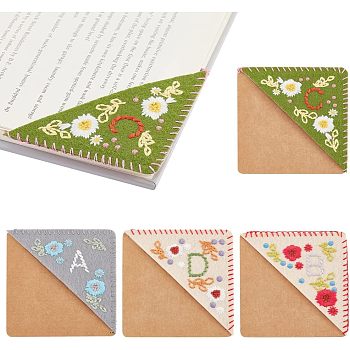 Olycraft 4Pcs 4 Style Felt & Kraft Paper Embroidery Corner Bookmarks, Seasonal Theme Hand Embroidered Flower Bookmark, Triangle Corner Page Marker, for Book Reading Lovers Teachers, Square, Mixed Color, 96x96x2mm, Inner Diameter: 115x58mm, 1pc/style