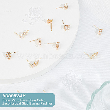 12Pcs 2 Style Brass Micro Pave Clear Cubic Zirconia Leaf Stud Earring Findings(KK-HY0001-77)-4