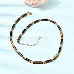 Natural Tiger Eye & Synthetic Non-magnetic Hematite Column Beaded Necklaces with 304 Stainless Steel End Chains, Golden, 16.85 inch(42.8cm)(NJEW-K301-01B)