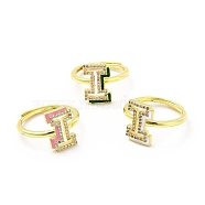 Mixed Color Enamel Initial Letter Adjustable Ring with Clear Cubic Zirconia, Real 18K Gold Plated Brass Jewelry for Women, Cadmium Free & Lead Free, Letter.I, US Size 5 1/4(16mm), Letter.I: 13.2x9mm(RJEW-P045-01G-I)