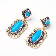 Dyed Synthetic Turquoise Dangle Stud Earrings, with Glass Rhinestone and Brass Findings, Real 18K Gold Plated, Long-Lasting Plated, Rectangle and Rhombus, 47mm, Pin: 0.8mm(EJEW-L190-01G)