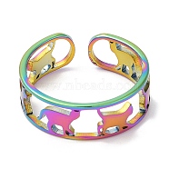 Ion Plating(IP) 304 Stainless Steel Cat Open Cuff Ring for Women, Rainbow Color, Inner Diameter: 16.4mm(RJEW-M149-15RC)