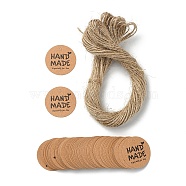 100Pcs Kraft Paper Gift Tags, Hange Tags, with Hemp Rope, for Arts, Crafts and Food, Flat Round with Word HAND MADE, BurlyWood, Tag: 3cm, about 101pcs/bag(CDIS-YW0001-11A)