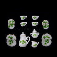Mini Porcelain Tea Set, including 2Pcs Teapots, 5Pcs Teacups, 8Pcs Dishes, for Dollhouse Accessories, Pretending Prop Decorations, Clover Pattern, 121x86x25mm, 15pcs/set(BOTT-PW0001-213A-10)