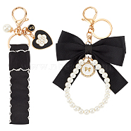 2Pcs 2 Styles Cotton & Iron & Alloy Keychain, with Imitation Pearl, Black, 18~18.5cm, 1pc/style(KEYC-CP0001-24B)