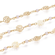 Handmade Brass Link Chains, with Glass Links and Spool, Soldered, Long-Lasting Plated, Flower,White, Golden, 9.5x8.5x0.2mm and 3.5x2.5x0.5mm, about 32.8 Feet(10m)/roll(CHC-I034-08G)