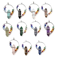 Natural & Synthetic Mixed Gemstone Double Terminal Pointed Big Pendants, Chakra Faceted Bullet Charms with Rack Plating Platinum Tone Brass Findings, 49~53x30~34x11mm, Hole: 4mm(G-Z033-07P)