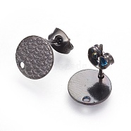 304 Stainless Steel Ear Stud Findings, with Ear Nuts/Earring Backs and Hole, Textured Flat Round with Spot Lines, Electrophoresis Black, 10mm, Hole: 1.2mm, Pin: 0.8mm(STAS-O119-15A-B)