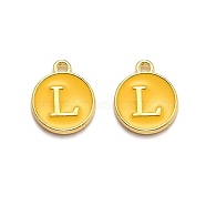 Golden Plated Alloy Enamel Charms, Enamelled Sequins, Flat Round with Alphabet, Letter.L, Yellow, 14x12x2mm, Hole: 1.5mm(X-ENAM-Q437-13L)