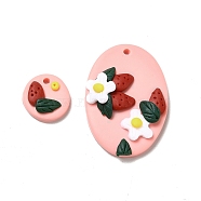 Handmade Polymer Clay Pendants Sets, Oval & Flat Round with Flower and 
Strawberry, Pink, 35x25x7.5mm, Hole: 2mm, 2pcs/set(CLAY-B003-02)