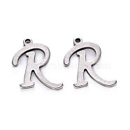201 Stainless Steel Charms, Laser Cut, Stainless Steel Color, Letter.R, 13x12.5x1mm, Hole: 1mm(STAS-R105-R)