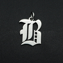 Non-Tarnish 304 Stainless Steel Pendants, with Jump Ring, Old English, Letter, Laser Cut, Stainless Steel Color, Letter.B, 16x12x1mm, Hole: 3mm(STAS-R111-JA565-B)