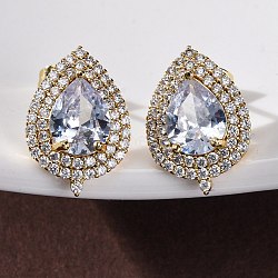 Teardrop Brass Micro Pave Clear Cubic Zirconia Stud Earrings, Real 16K Gold Plated, 17.5x12mm(EJEW-Z087-02G)