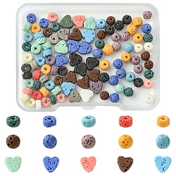 100Pcs 3 Styles Synthetic Lava Rock Beads, Dyed, Heart & Round & Disc, Mixed Color, 4.5~6x4.5~6.5x2.5~5mm, Hole: 0.7~0.8mm(GG-YW9D8D-01)