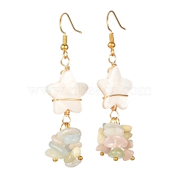 Star with Cluster Chip Beads Long Dangle Earrings, Wire Wrap Natural Shell & Morganite Beads Earrings for Girl Women, Golden, 58~61mm, Pin: 0.6mm(EJEW-JE04686-04)