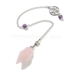 Natural Rose Quartz Pointed Dowsing Pendulums, with Rack Plating Brass Findings, Cone, 235mm(G-K338-12P-02)