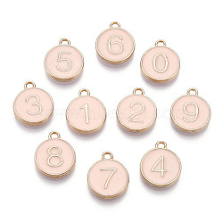 Light Gold Plated Alloy Enamel Charms, Enamelled Sequins, Flat Round with Number, Number 0~9, Misty Rose, 14.5x12x2.5mm, Hole: 1.4mm, 10pcs/set(ENAM-T010-04G)