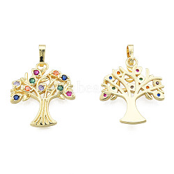 Brass Micro Pave Colorful Cubic Zirconia Pendants, with Brass Snap on Bails, Nickel Free, Tree, Real 18K Gold Plated, 23x21x3mm, Hole: 3x4mm(ZIRC-N039-245)