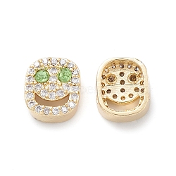 Brass Micro Pave Cubic Zirconia Beads, Lead Free & Cadmium Free, Long-Lasting Plated, Real 18K Gold Plated, Oval with Smiling Face, Light Green, 9x8x4mm, Hole: 1mm(KK-M241-01J)