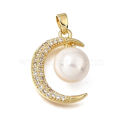 Brass Micro Pave Clear Cubic Zirconia Pendants, with ABS Imitation Pearl, Moon Charms, Rack Plating, Long-Lasting Plated, Cadmium Free & Lead Free, Golden, 22x15.5x10mm, Hole: 5x2mm(KK-CBAA632-11G)