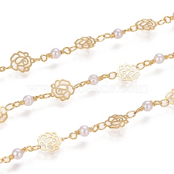 Handmade Brass Link Chains, with Glass Links and Spool, Soldered, Long-Lasting Plated, Flower,White, Golden, 9.5x8.5x0.2mm and 3.5x2.5x0.5mm, about 32.8 Feet(10m)/roll(CHC-I034-08G)