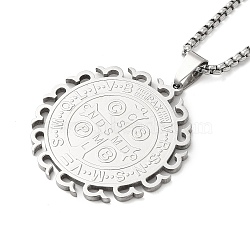 304 Stainless Steel Box Chain Saint Benedict Medal Pendant Necklaces for Women, Stainless Steel Color, 22.91 inch(58.2cm)(NJEW-M008-01P)