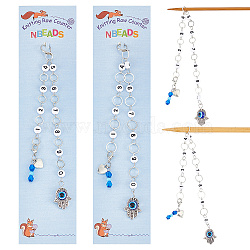 Number Acrylic & Glass Beaded Knitting Row Counter Chains, Brass Linking Ring Locking Stitch Marker, Evil Eye Hamsa Hand & Flat Round & Heart, Antique Silver & Silver, 27.3~29cm, 2 style, 1pc/style, 2pcs/set(HJEW-AB00389)