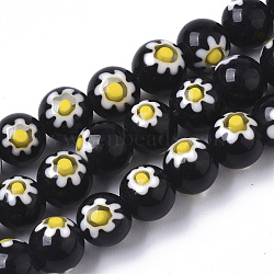 Handmade Millefiori Lampwork Beads Strands, Round, Black, 8mm, Hole: 1.2mm, about 48pcs/strand, 14.17 inch(36cm)(X-LAMP-R143-01A)