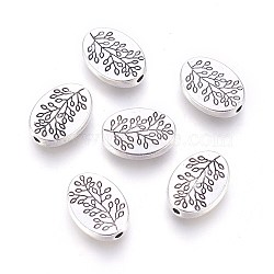 Tibetan Style Alloy Beads, Oval with Leaf, Antique Silver, Lead Free and Cadmium Free, 14x10x3mm, Hole: 1.5mm(X-LFH10181Y)