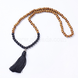 Natural Black Agate and Wood Mala Beads Necklaces, with Alloy Buddha Beads and Tassels Pendants, Antique Silver, Black, 27.9 inch(710mm), Beads: 8mm, Pendant: 12x88mm(X-NJEW-JN01779-01)