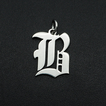 304 Stainless Steel Pendants, with Jump Ring, Old English, Letter, Laser Cut, Stainless Steel Color, Letter.B, 16x12x1mm, Hole: 3mm