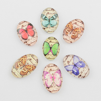Butterfly Pattern Printed Glass Cabochons, Oval, Mixed Color, 18x13x4.5~5.5mm