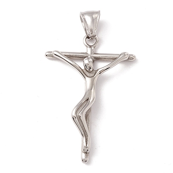304 Stainless Steel Pendants, Cross with Human, Platinum, 44x30x7mm, Hole: 8.5x4mm