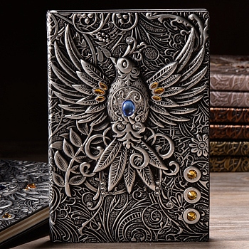3D Embossed PU Leather Notebook, A5 Phoenix Pattern Journal, for School Office Supplies, Antique Silver, 215x145mm