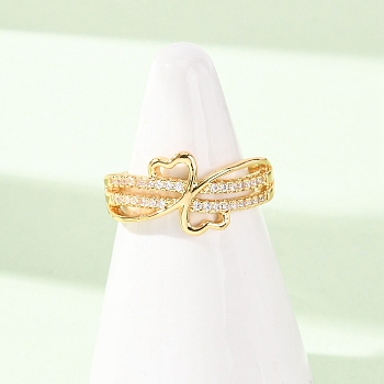 Brass Micro Pave Clear Cubic Zirconia Finger Rings for Women, Heart, Golden, 10.5mm, US Size 7 1/4(17.5mm)