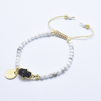 Natural Howlite Braided Bead Bracelets, with Electroplated Natural Lava Rock Beads, Druzy Crystal, Nylon Cord and Brass Findings, Flat Round & Hamsa Hand/Hand of Fatima /Hand of Miriam, 2-1/8 inch(5.3cm)~3-1/8 inch(8cm)