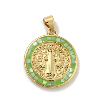 Brass Charms, with Shell, Cadmium Free & Lead Free, Long-Lasting Plated, Flat Round with Virgin Mary, Real 18K Gold Plated, Lime Green, 23x20x2.5mm, Hole: 3.5x3mm