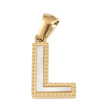 Natural White Shell Alphabet Pendants, Ion Plating(IP) Real 18K Gold Plated 304 Stainless Steel Charms, Letter L, 17x10.5x1.5mm, Hole: 5x3mm