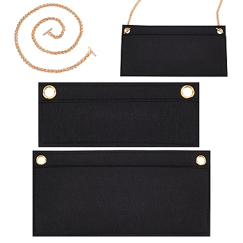 WADORN 2Pcs Rectangle Wool Felt Bag Organizer Inserts, with 1Pc Iron Wheat Chain Bag Handles, for Bag Accessories, Black, Insert: 7~12.5x 17~24.9x0.3~0.4cm, Handles: 61x0.6x0.6cm
