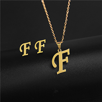 Golden Stainless Steel Initial Letter Jewelry Set, Stud Earrings & Pendant Necklaces, Letter F, No Size