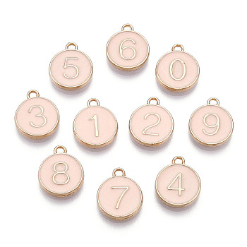 Light Gold Plated Alloy Enamel Charms, Enamelled Sequins, Flat Round with Number, Number 0~9, Misty Rose, 14.5x12x2.5mm, Hole: 1.4mm, 10pcs/set
