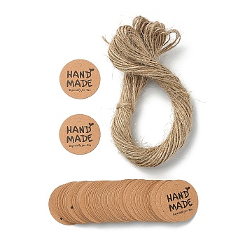 100Pcs Kraft Paper Gift Tags, Hange Tags, with Hemp Rope, for Arts, Crafts and Food, Flat Round with Word HAND MADE, BurlyWood, Tag: 3cm, about 101pcs/bag