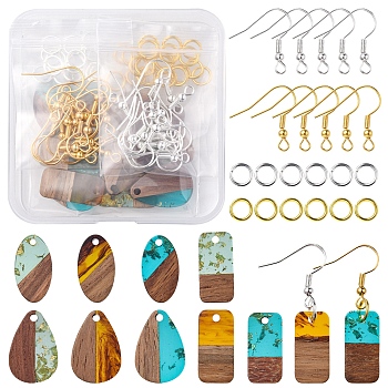 DIY Earring Making Kit, Including Teardrop & Oval & Rectangle Resin & Walnut Wood Pendants, Iron Earring Hooks, Mixed Color, 88Pcs/box