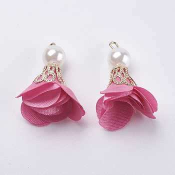 Nylon Pendant Decorations, with Iron Findings, and Acrylic Pearl Beads, Flower, Light Gold, Cerise, 30x27mm, Hole: 2mm