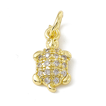 Brass Micro Pave Cubic Zirconia Charms, with Jump Ring, Tortoise Charm, Real 18K Gold Plated, 13x7x2.5mm, Hole: 3mm