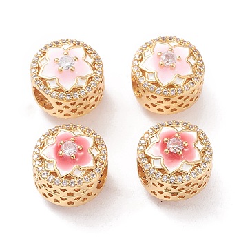 Brass Enamel European Beads, Large Hole Beads, Long-lasting Plated, with Micro Pave Clear Cubic Zirconia, Flat Round with Flower, Real 18K Gold Plated, Mixed Color, 11x9.5mm, Hole: 4mm