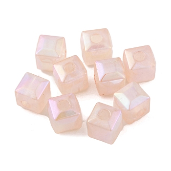 UV Plating Rainbow Iridescent Acrylic Beads, Faceted Cube, Pink, 11.5x12.5x12.5mm, Hole: 4.3mm