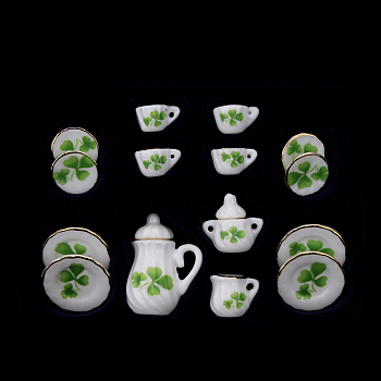 Mini Porcelain Tea Set, including 2Pcs Teapots, 5Pcs Teacups, 8Pcs Dishes, for Dollhouse Accessories, Pretending Prop Decorations, Clover Pattern, 121x86x25mm, 15pcs/set