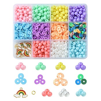 DIY Jewelry Making Finding Kit, Including Acrylic Imitation Pearl & Polymer Clay Disc Beads, Rainbow Alloy Enamel Pendants, Brass Jump Rings, Mixed Color