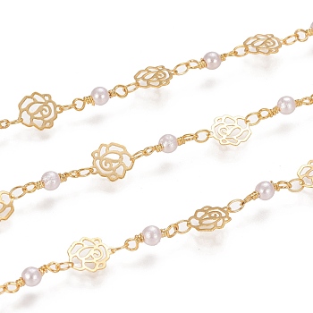 Handmade Brass Link Chains, with Glass Links and Spool, Soldered, Long-Lasting Plated, Flower,White, Golden, 9.5x8.5x0.2mm and 3.5x2.5x0.5mm, about 32.8 Feet(10m)/roll
